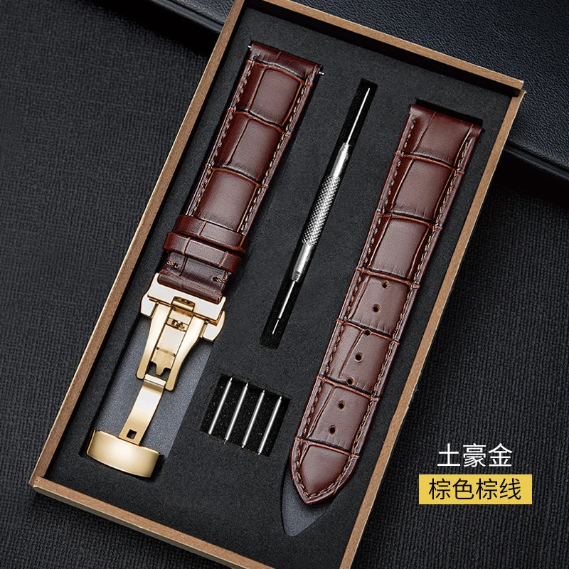 Genuine Leather Watch Strap with Wooden Box – Butterfly Clasp Bracelet 18-24mm Wristband