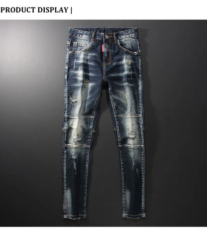 Streetwear Men’s Slim Fit Ripped Jeans – Retro Black & Blue Spliced Denim with Designer Embroidery, Hip Hop Fashion