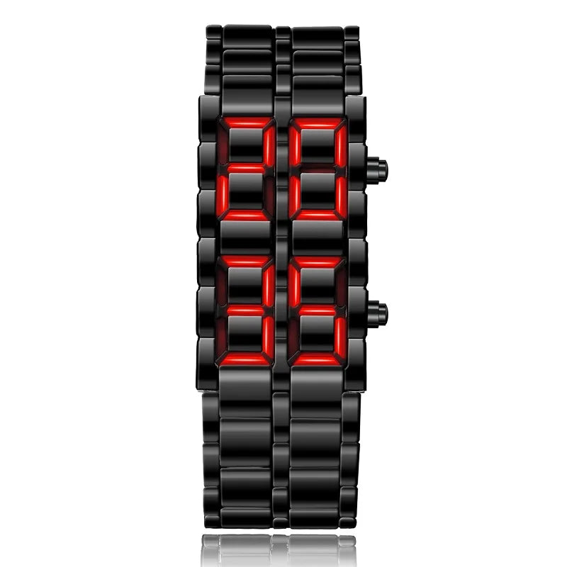 Men's Fashion Digital Lava Wrist Watch – Black Full Metal with Red/Blue LED Display, Sporty Gift for Men & Boys