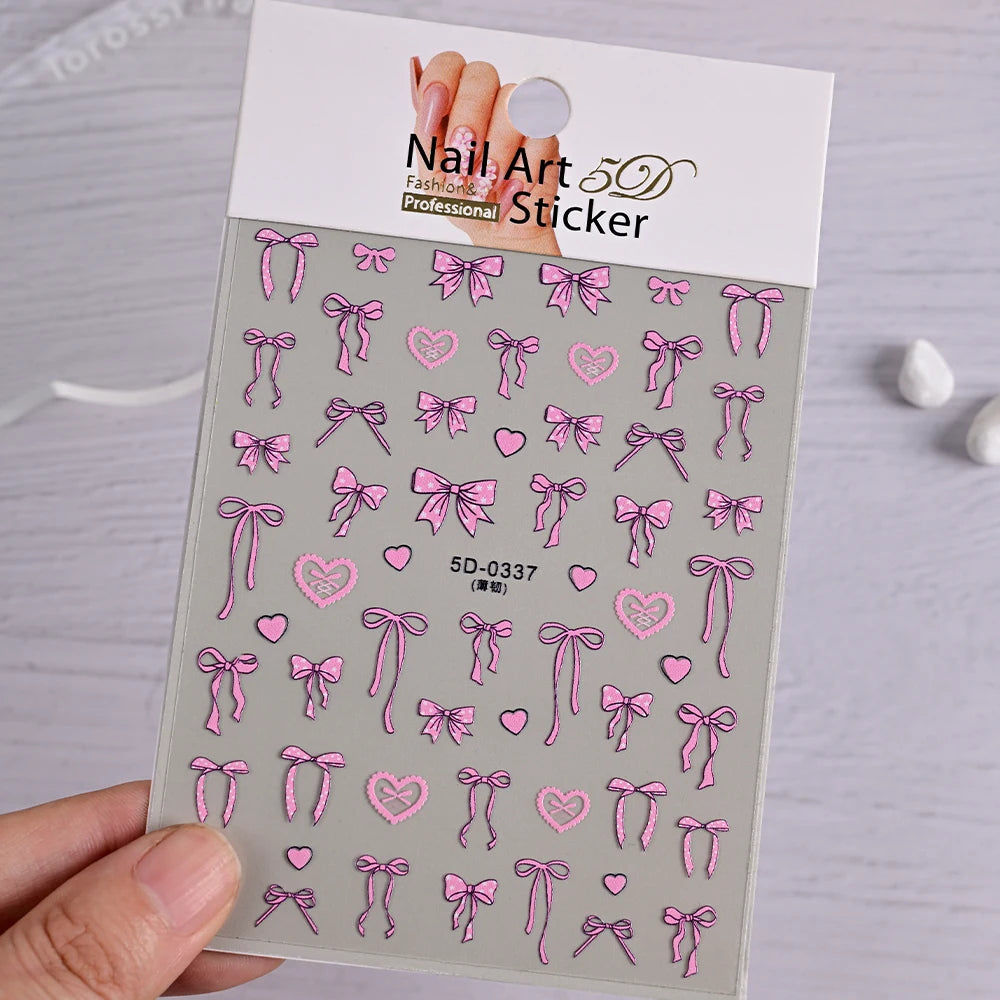 5D White Lace Bowknot Nail Art Stickers – Self-Adhesive Pearl Ribbon Luxury Nail Decals for DIY Manicure Decoration