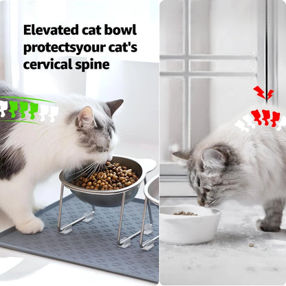 304 Stainless Steel Raised Cat Bowl - 15° Elevated Tilted Design for Cats and Puppies