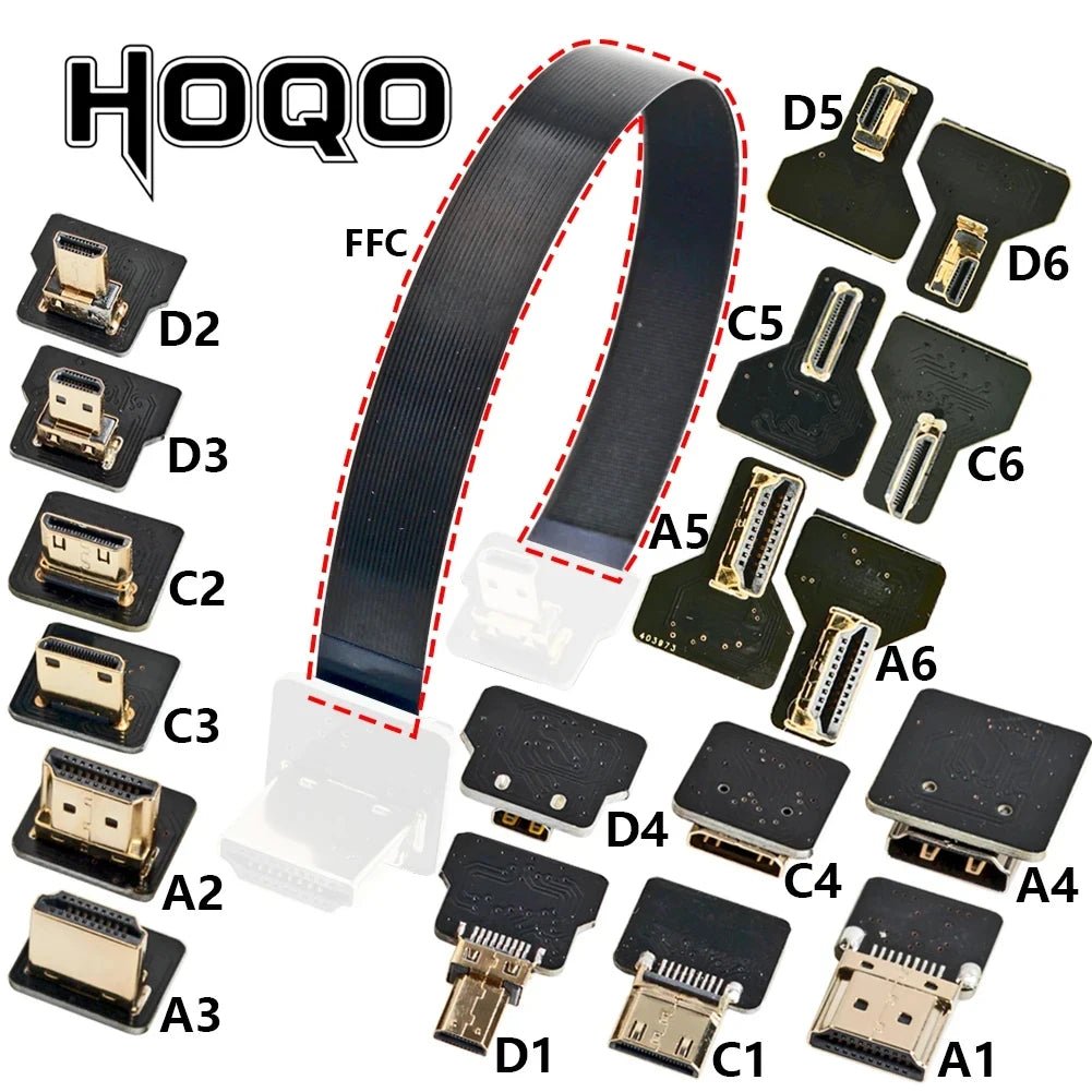 Ribbon FPV HDMI-Compatible Connector – Flexible Flat Cable for Raspberry Pi 4, Micro HDMI to HDMI/Mini HDMI Female 90° FFC 20pin