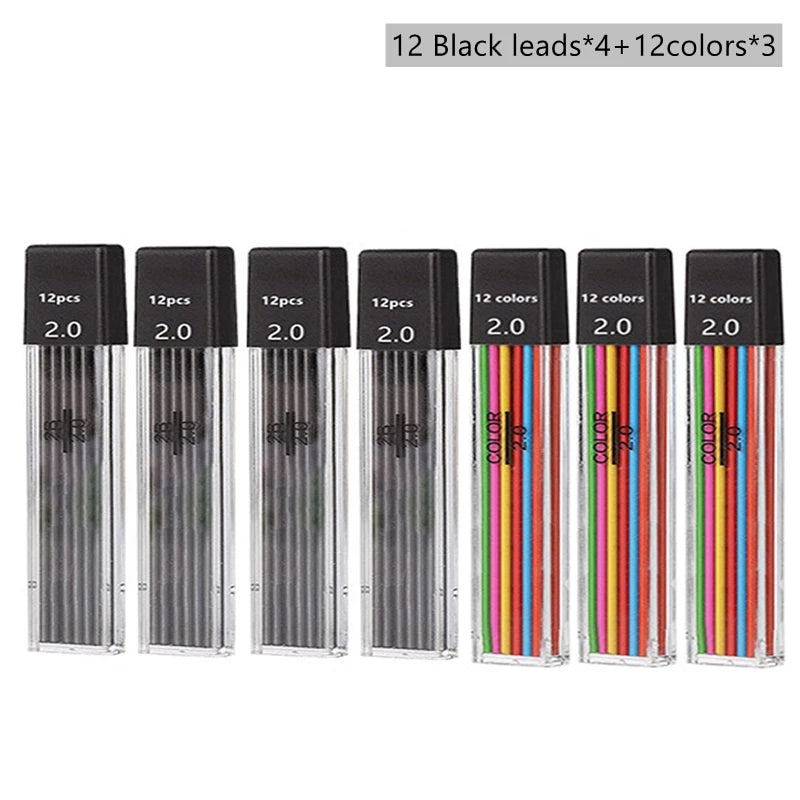 Mechanical Pencil Set 2.0mm – Automatic Pencil with 2B Black & Colored Lead Refills for Writing, Sketching, & Art Drawing