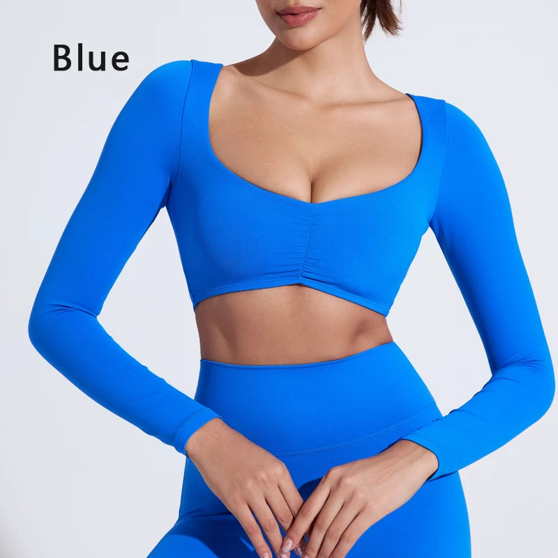 DIAS FIT JOY Women’s Nylon Gym Top – Long-Sleeve Pleated Yoga & Sports T-Shirt, Waist-Fitting Activewear