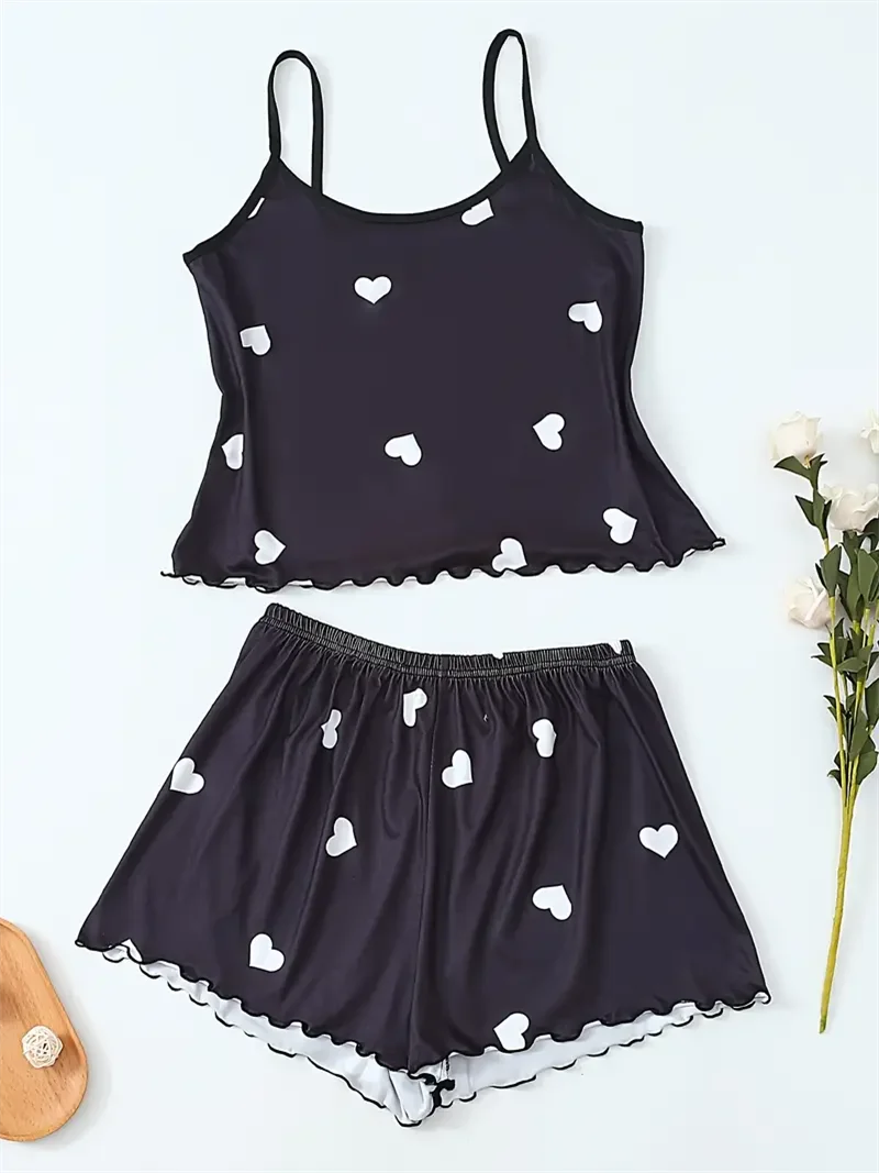 Women’s Heart Print Pajama Set - Two Piece Suspender Top & Shorts Casual Sleepwear Loungewear