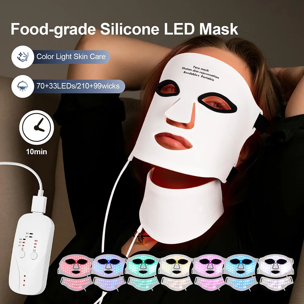 Silicone LED Mask with Neck – 7-Color Photon Red Light & Infrared Therapy, Flexible Wireless Facial Skin Repair Mask