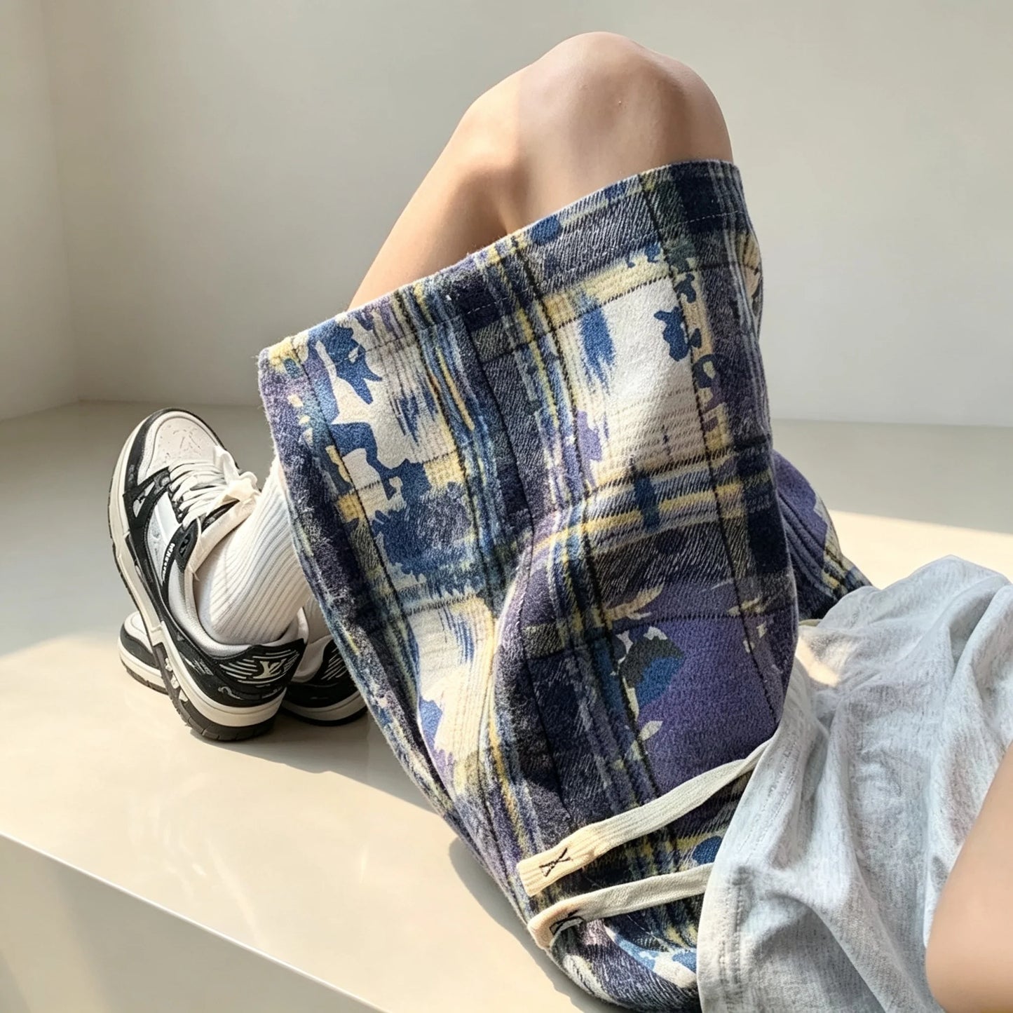 Green Tie-Dye Plaid Shorts - Men's Retro Loose Fit Summer Casual Jorts