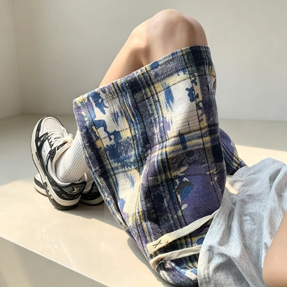 Green Tie-Dye Plaid Shorts - Men's Retro Loose Fit Summer Casual Jorts