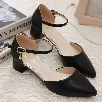 Women’s Elegant White Pearl Buckle Pumps — Square Heel Office & Leisure Shoes