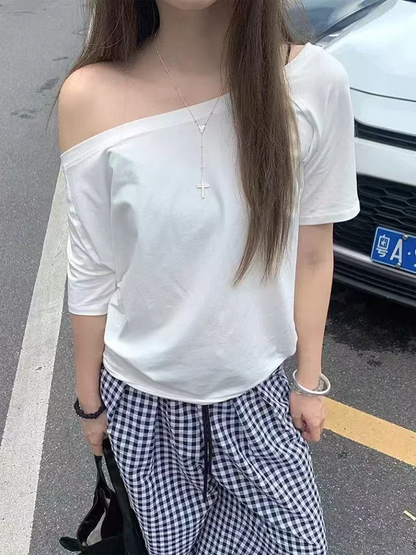 Off Shoulder Solid T-Shirt for Women - Casual Loose Summer Street Style Top