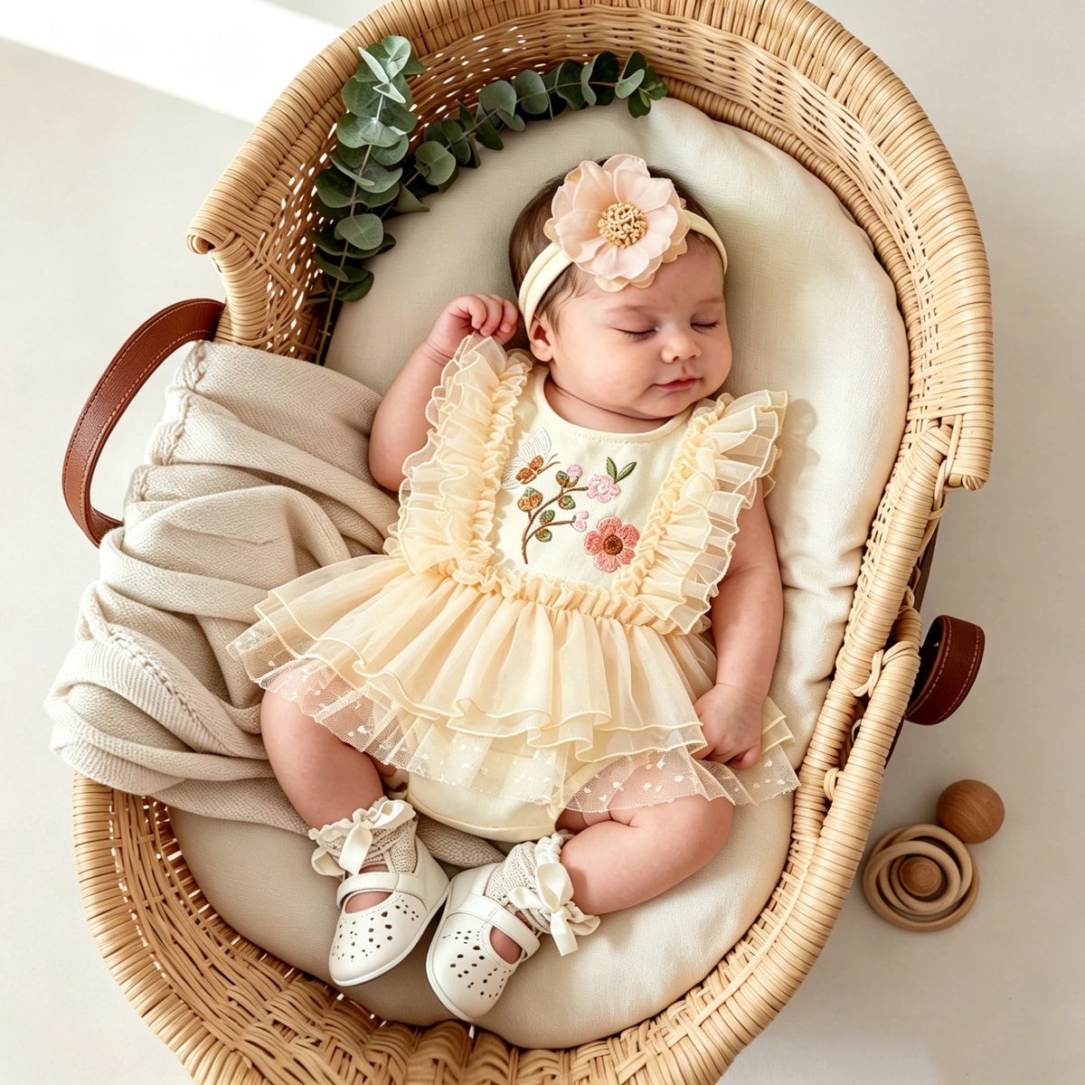 Newborn Baby Girl Floral Tutu Romper Set - Butterfly Embroidery Bodysuit with Flower Headband