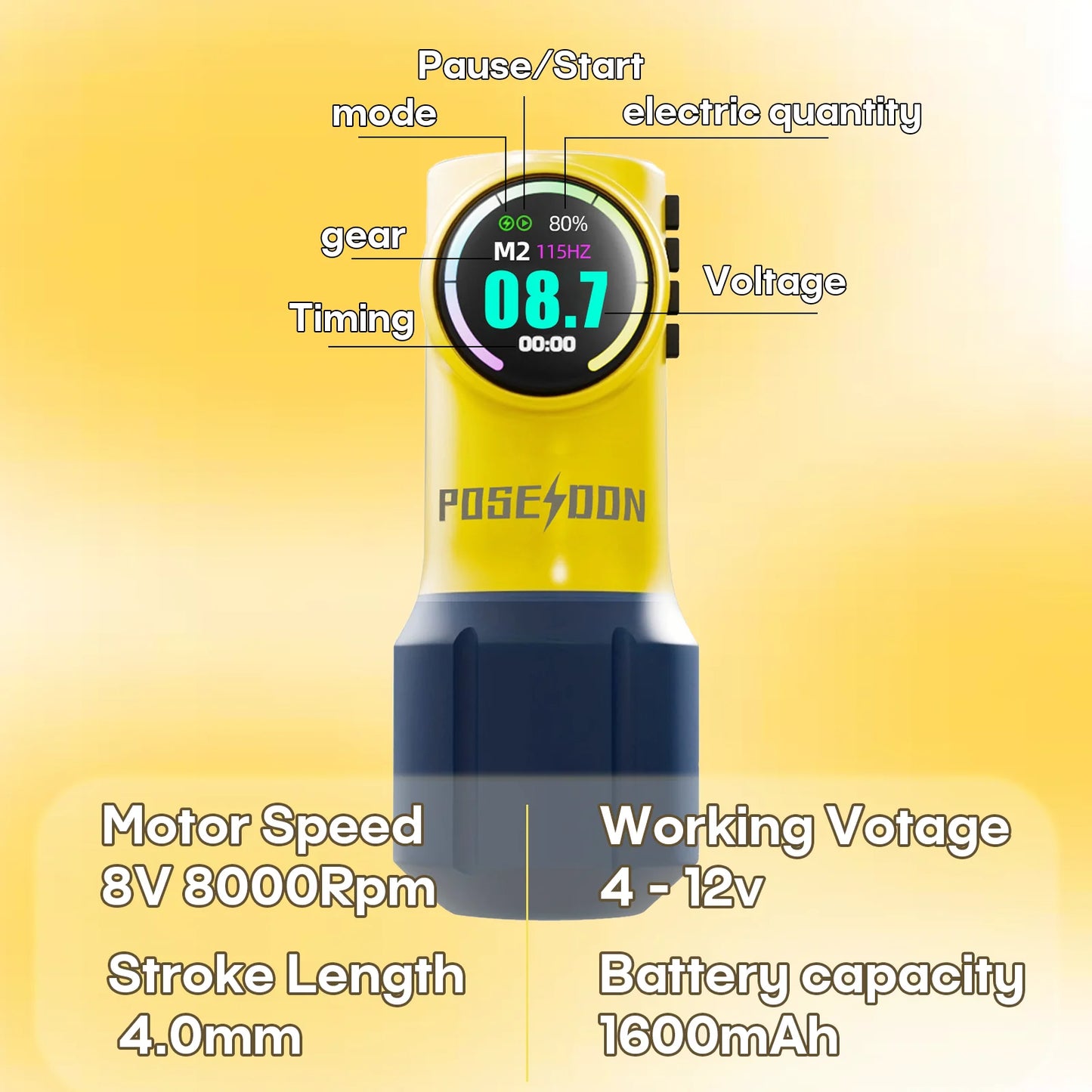POSEIDON Wireless Tattoo Pen - Cute Yellow Rotary Tattoo Machine with Powerful Custom Motor for Artists