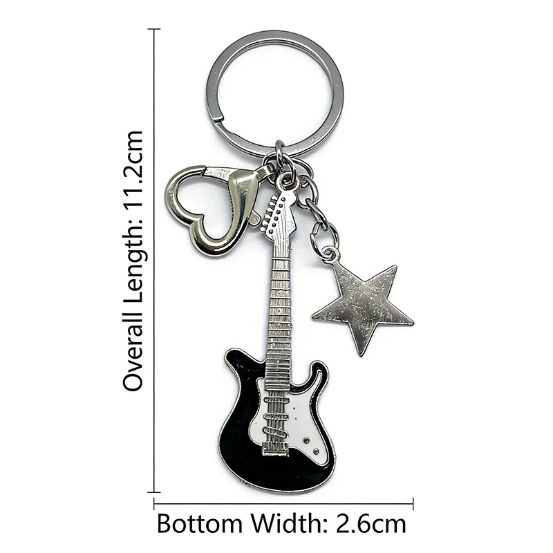 Electric Guitar Couple Keychain Set - Black & White Star Heart Charms for Music Lovers, Bags & Car Keys