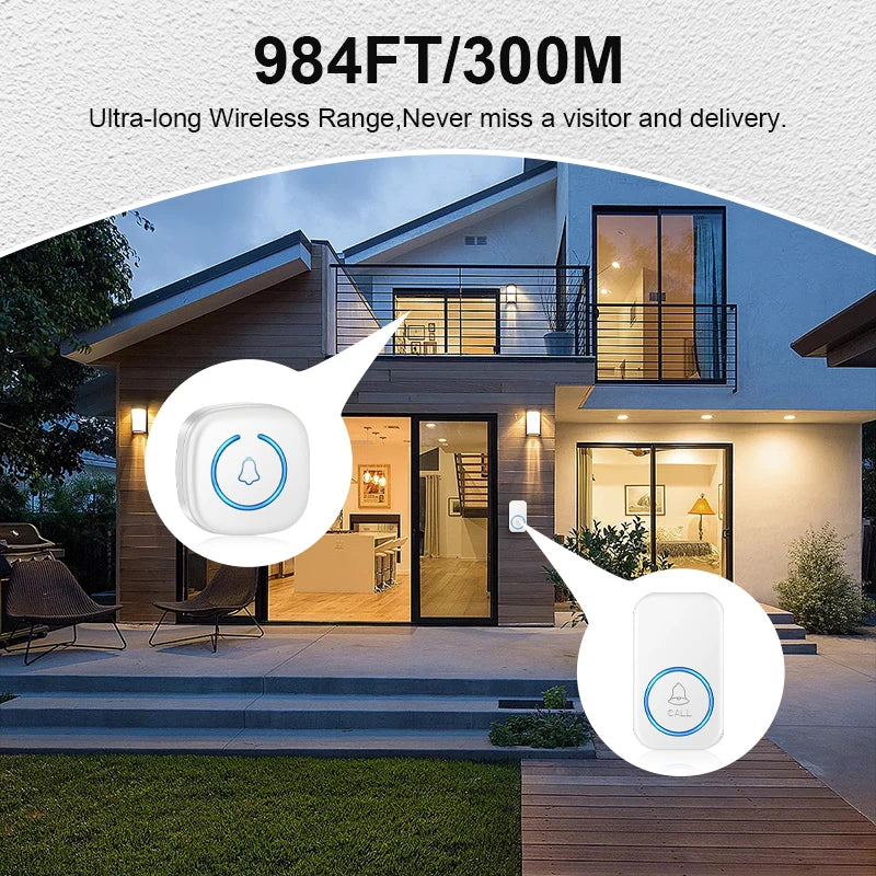 Wireless Smart Doorbell – 300M/984ft Range, 60 Melody Welcome Chimes, Remote Home Door Bell US/EU/UK Plug Options