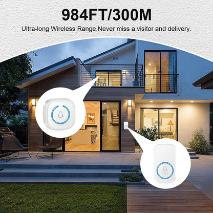 Wireless Smart Doorbell – 300M/984ft Range, 60 Melody Welcome Chimes, Remote Home Door Bell US/EU/UK Plug Options
