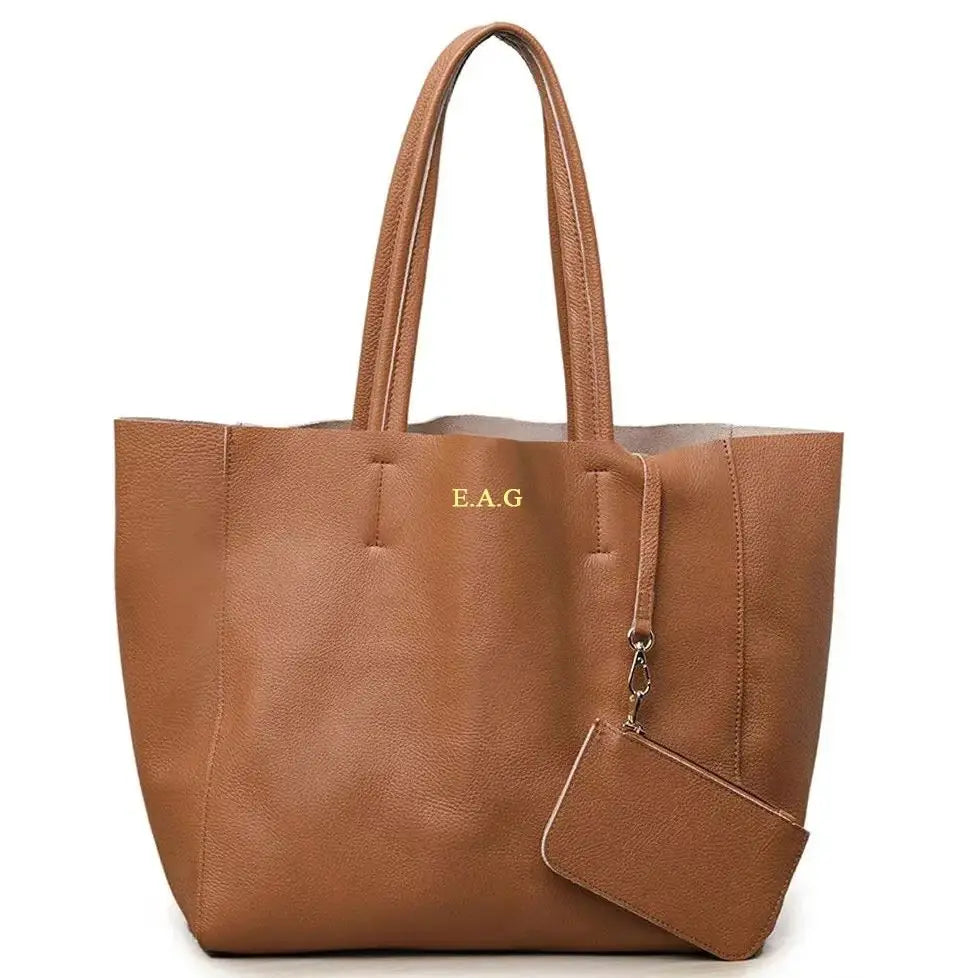 Customizable Name Large Capacity Commuter Bag – 100% Genuine Leather Soft Tote, Single Shoulder & Diagonal Shopping Bag