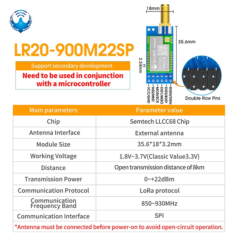 LLCC68 LoRa Wireless Module - DX-LR20 22dBm Long-Range SMD RF Module for 433/475/868/915MHz Frequencies