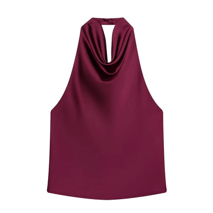 Women's Satin Halter Backless Camisole Top – Off Shoulder Summer Beach Tank Blouse