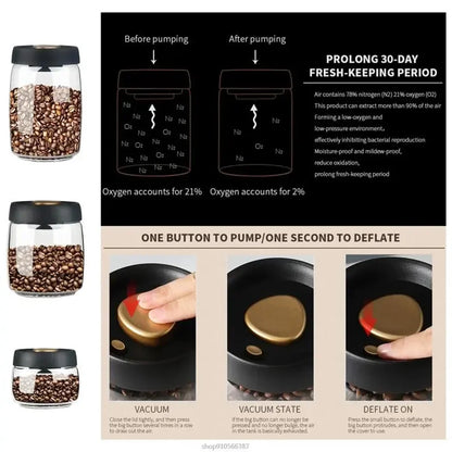 Vacuum Sealed Coffee Bean Storage Jar – Transparent Glass Airtight Container, Moisture-Proof Food Canister