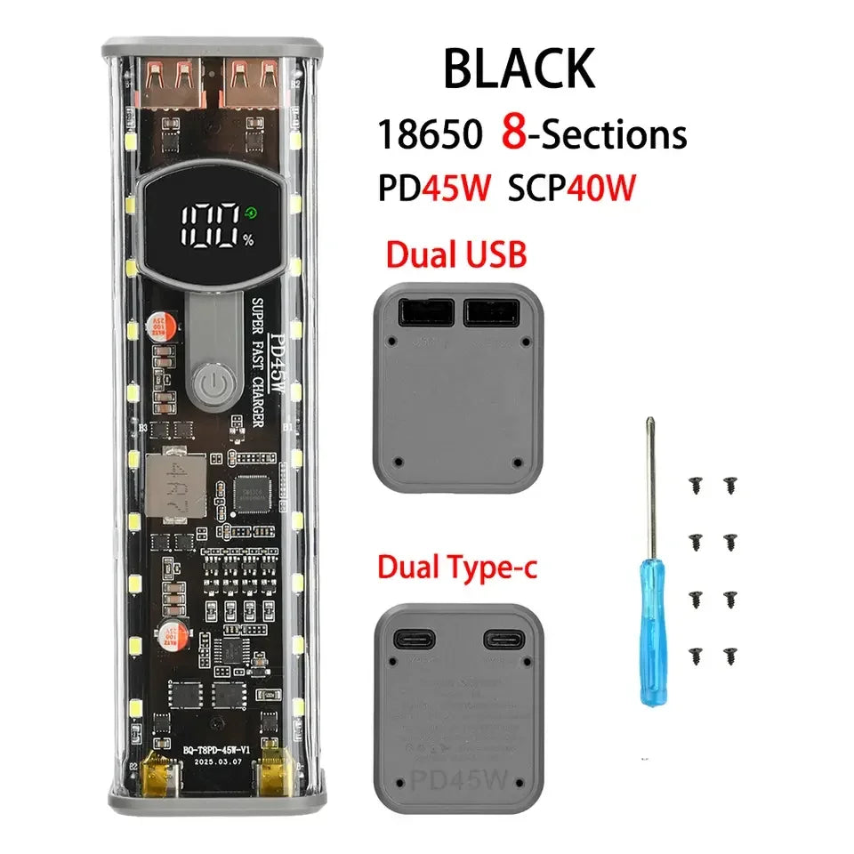 8-Cell 18650 Power Bank Battery Box - PD65W USB Type-C Fast Charging DIY Storage Case with Digital Display
