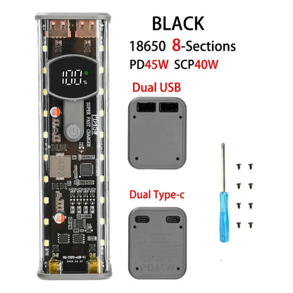 8-Cell 18650 Power Bank Battery Box - PD65W USB Type-C Fast Charging DIY Storage Case with Digital Display