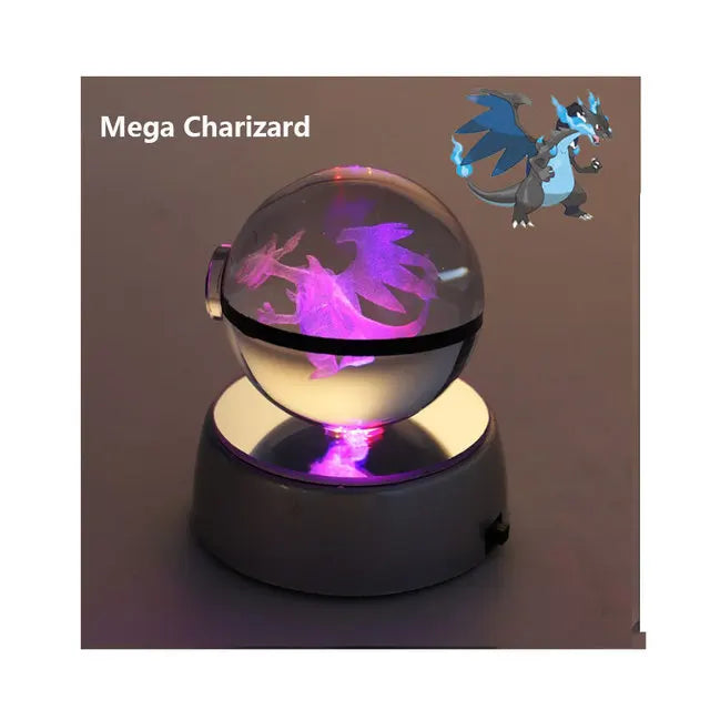 Anime Pokemon 3D Crystal Ball – Snorlax & Charizard Engraved Pokeball Figure with LED Light Base, Kids Gift