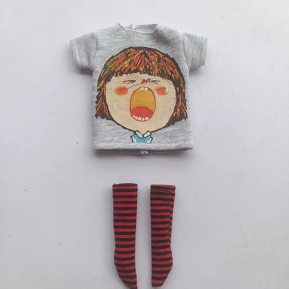 Handmade OB24 1/6 Blyth Doll Clothes – Cartoon T-Shirt with Striped Socks for 1/6 Doll Accessories