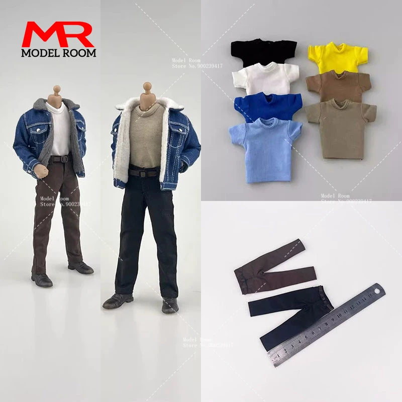 CCN1208 1/12 Scale Male Action Figure Clothes – Lamb Down Denim Jacket, T-Shirt & Casual Pants for 6" Notaman GWtoys Soldier Model