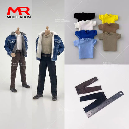 CCN1208 1/12 Scale Male Action Figure Clothes – Lamb Down Denim Jacket, T-Shirt & Casual Pants for 6" Notaman GWtoys Soldier Model