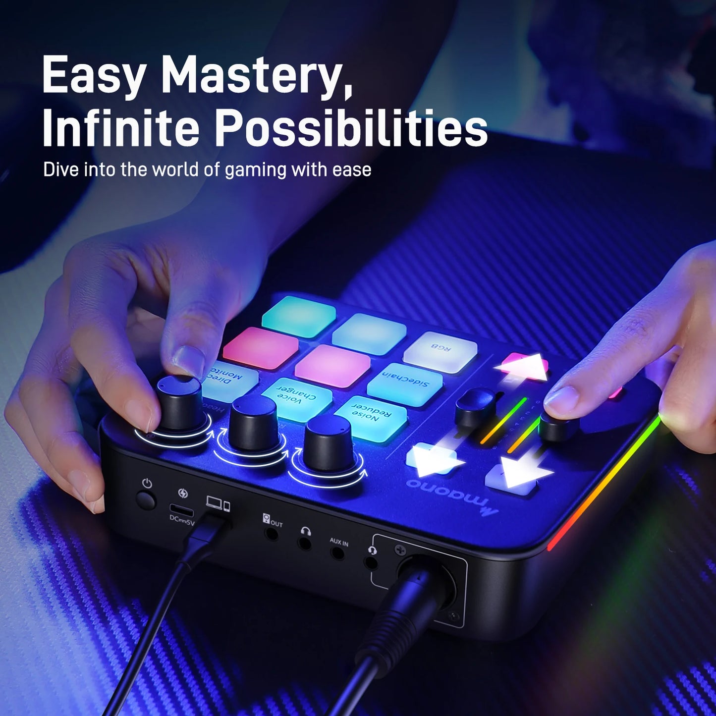MAONO G1 NEO Gaming Audio Mixer - RGB Streaming Sound Effects Controller with XLR Microphone Interface