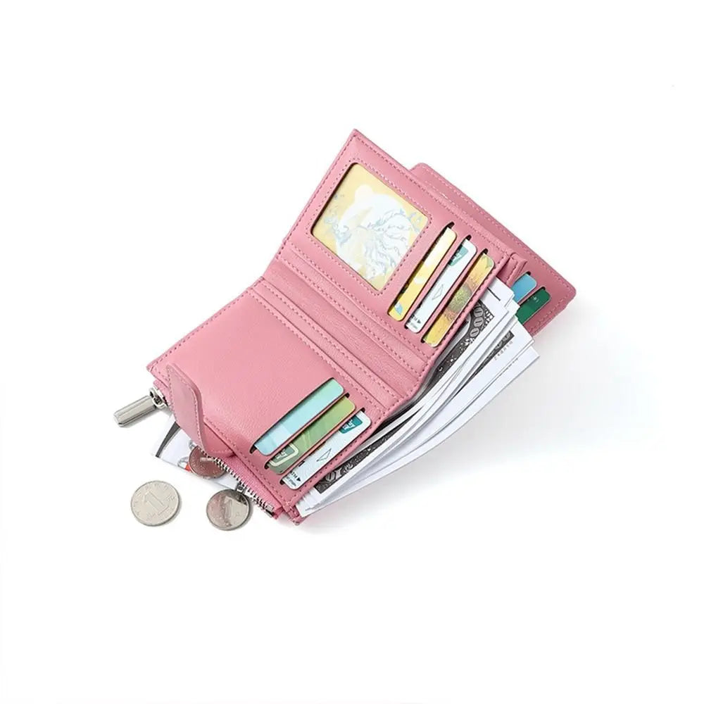 Fashionable Women’s Folding Short Wallet — High-Quality PU Leather Solid Color Purse with Zipper Coin Pocket & Card Holder