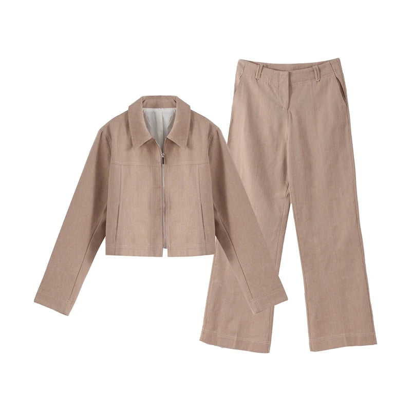 Women’s Cotton Linen Trousers Set — Casual Lapel Crop Top & Straight Pants Streetwear Spring Autumn Outfit