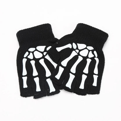 Skeleton Skull Fingerless Gloves - Luminous Punk Halloween Gloves for Adults and Kids, Black Winter Mittens