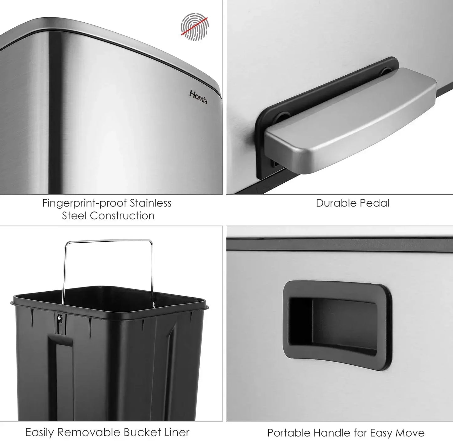 60L Dual Compartment Kitchen Step Trash Can – Hands-Free, Soft-Close Lid, Brushed Stainless Steel