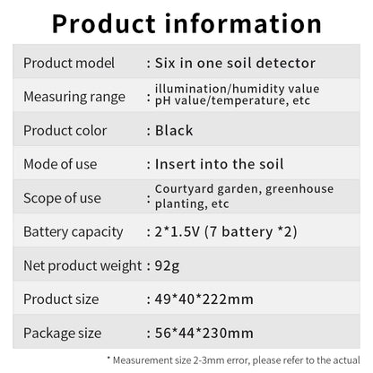 6 in 1 Soil Tester - pH, Temperature, Humidity, Sunlight, Air, Moisture & Nutrient Fertility Meter for Gardening