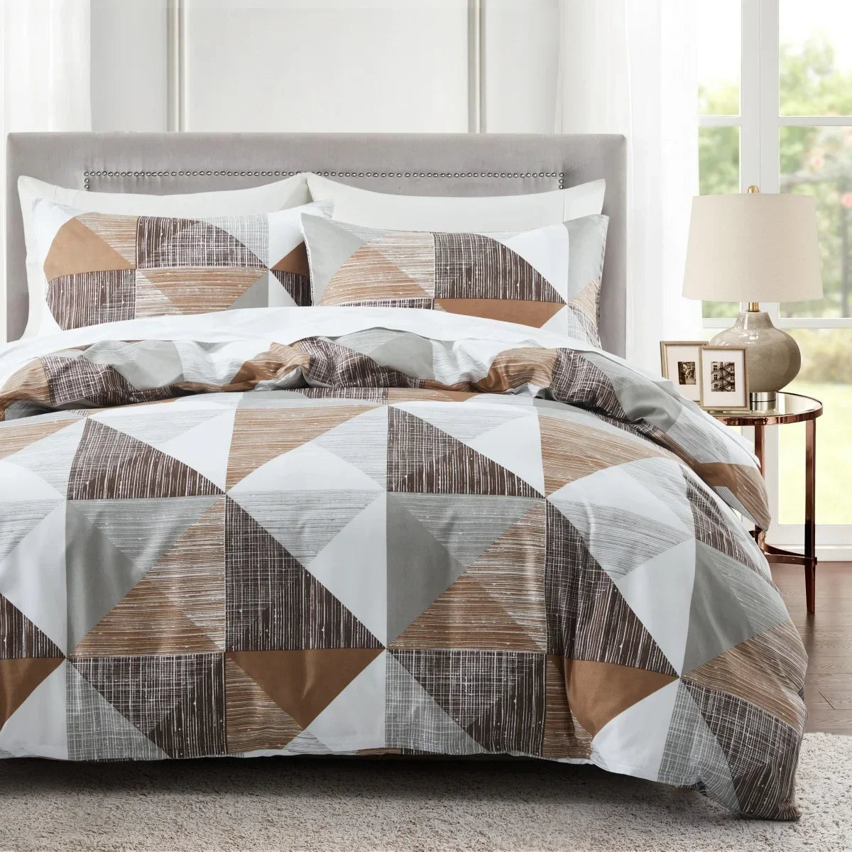 Grey Feather Duvet Cover Set – Full/Queen Boho Bedding with Soft Reversible White Comforter Cover for Kids & Teens