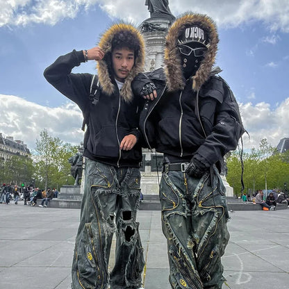 Casual Y2K Zip-Up Hoodie – Faux Fur Collar Harajuku Streetwear Rock Goth Punk EMO Sweatshirt Jacket