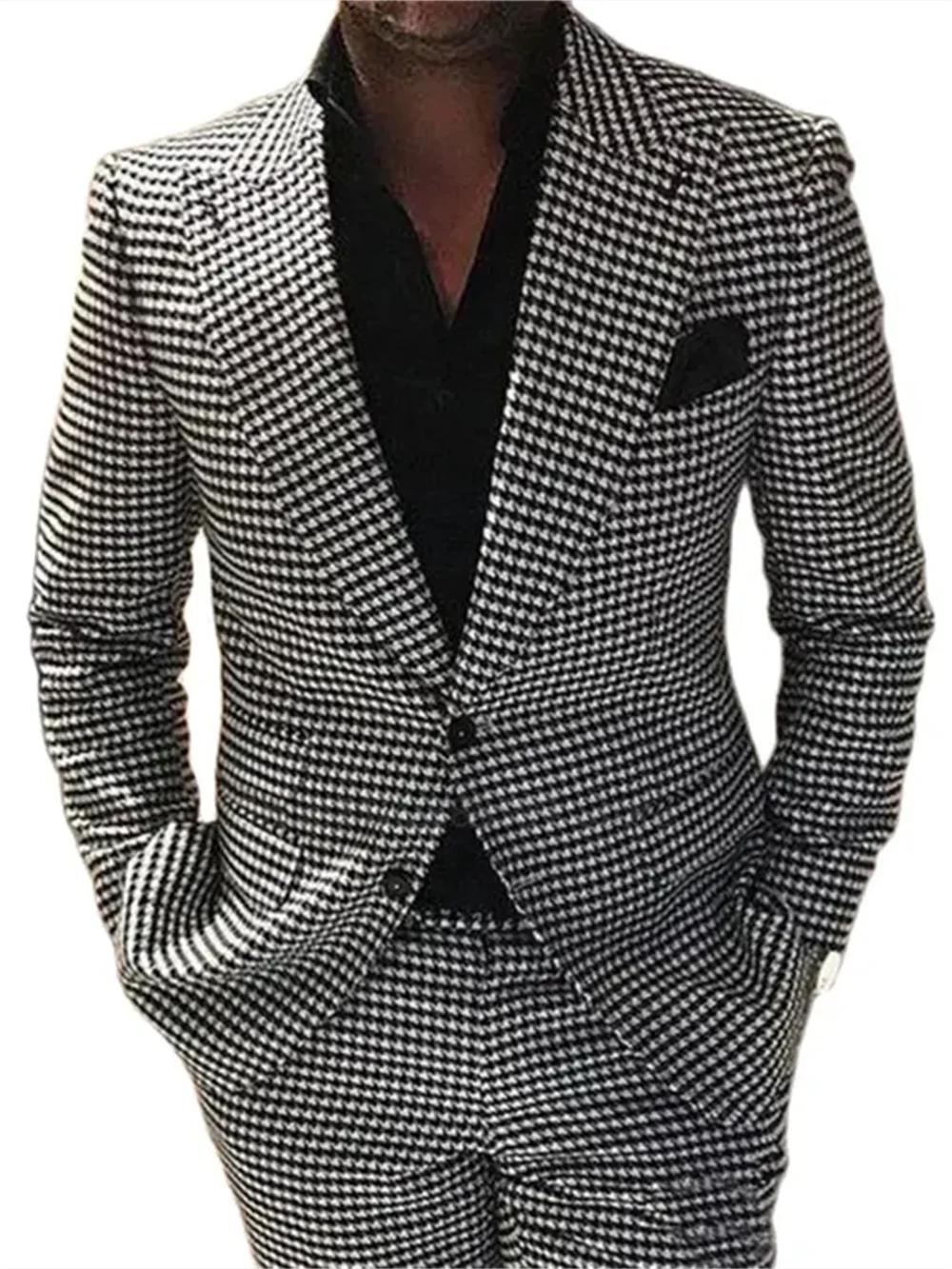 2-Piece Plaid Men’s Suit — Houndstooth Checkered Wedding Groom Tuxedo, Jacket & Pants Fashion Set