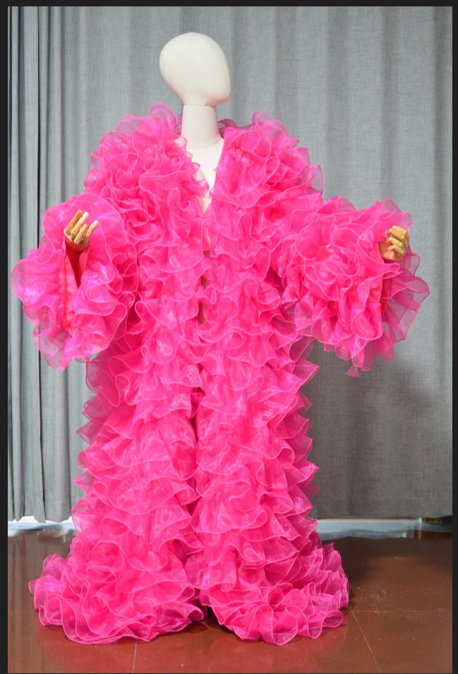 Layered Organza Long Jacket — Puffy Full Sleeve Cape Vest Outfit for Party, Fashion, Stage & Drag Queen Costume