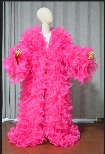 Layered Organza Long Jacket — Puffy Full Sleeve Cape Vest Outfit for Party, Fashion, Stage & Drag Queen Costume