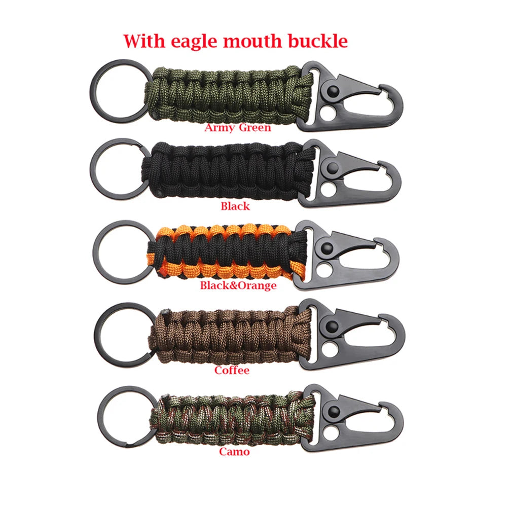 Outdoor Military Paracord Keychain: Camping Carabiner with Survival Tools - Emergency Knot, Bottle Opener, Rope, and Key Ring
