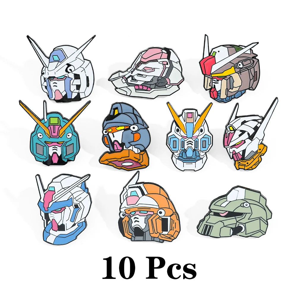 10-Piece Gundam Anime Enamel Brooch Set - Metal Mobile Suit Pins for Clothing, Backpacks and Collectible Gifts