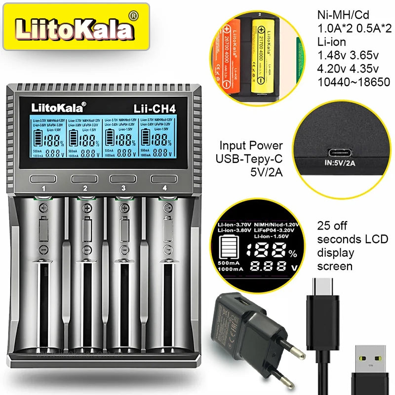 LiitoKala Lii-CH4 Smart Battery Charger – 4-Slot Fast USB-C Charging for 18650/21700/26650/AA/AAA Ni-MH & Li-Ion with Auto Detect