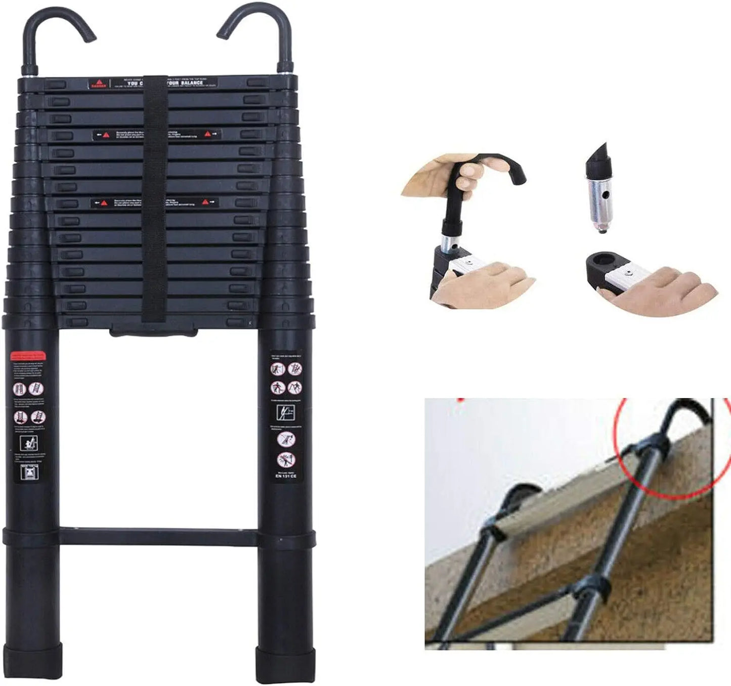 DayPlus 3.2-6.2M Telescopic Ladder with Roof Hook Kit – Portable, Heavy Duty Aluminium Multi-Purpose Folding Extendable Ladder