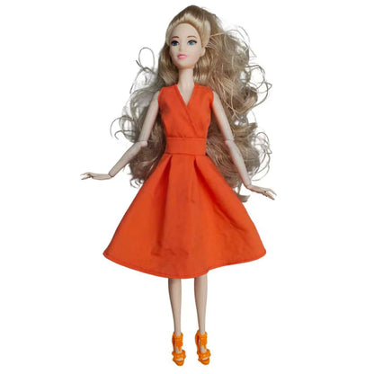 Elegant 1/6 Doll Outfit – Pink Houndstooth Dress, Hat, Gold Belt, Handbag & Shoes Set