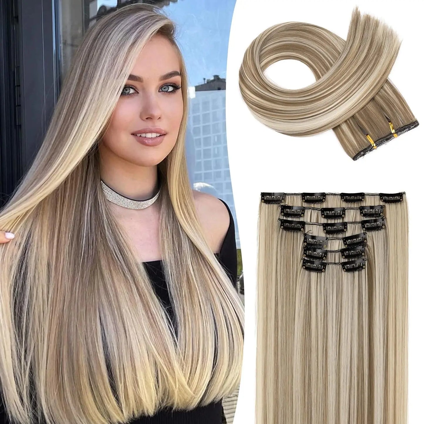 Clip-In Hair Extensions – Thick & Long Lace Weft Synthetic Hairpieces for Women