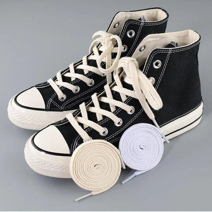 Cotton Flat Shoelaces for Sneakers — Classic Canvas Shoe Laces for Women & Men, 1 Pair, White/Black/Beige