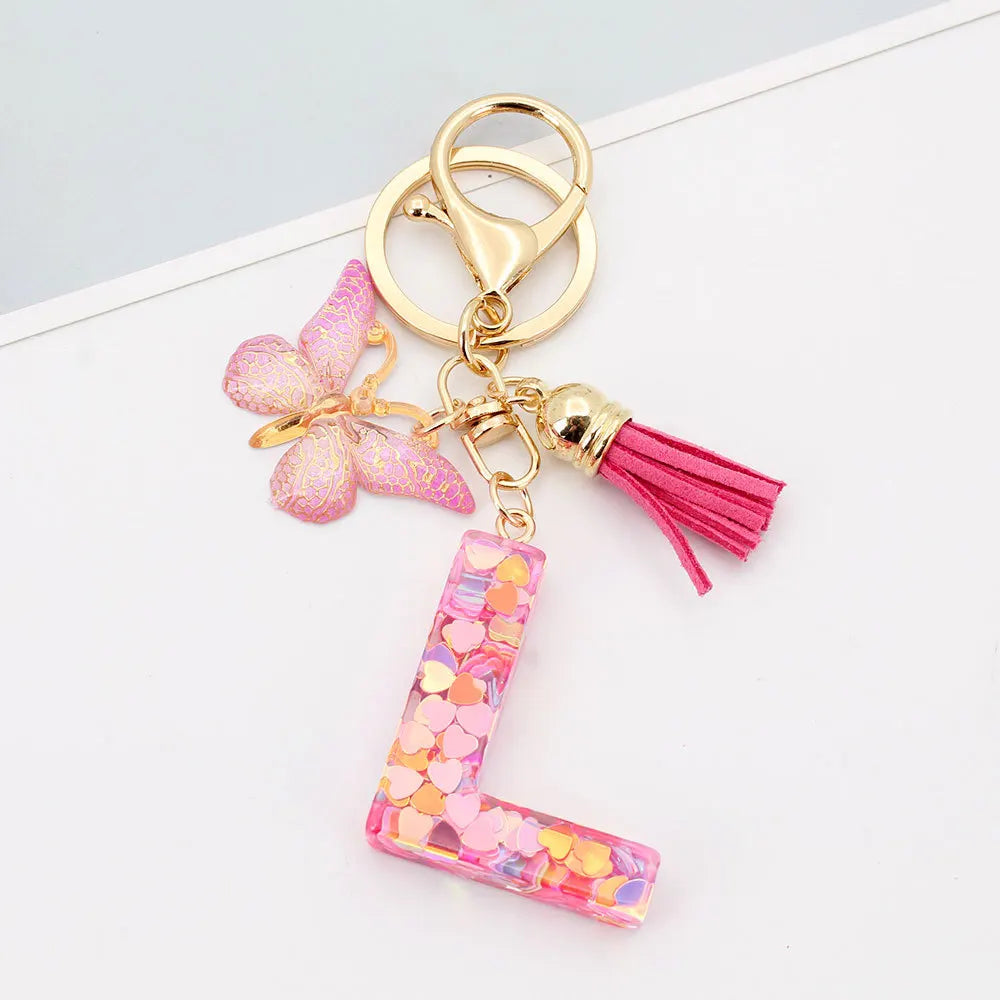 A-Z Letter Acrylic Keychain - Pink Butterfly Tassel Bag Charm & Key Ring