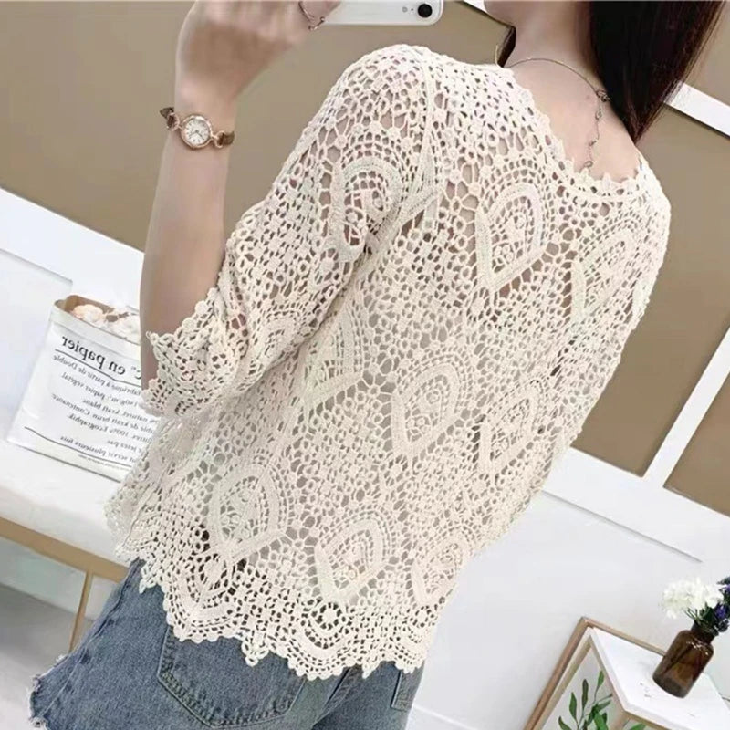 Women’s Knitted Lace Shrug – Boho Hollow Crochet Floral 3/4 Sleeves, Open Front Cropped Cardigan, Elegant Mesh Sweater Cover-Up