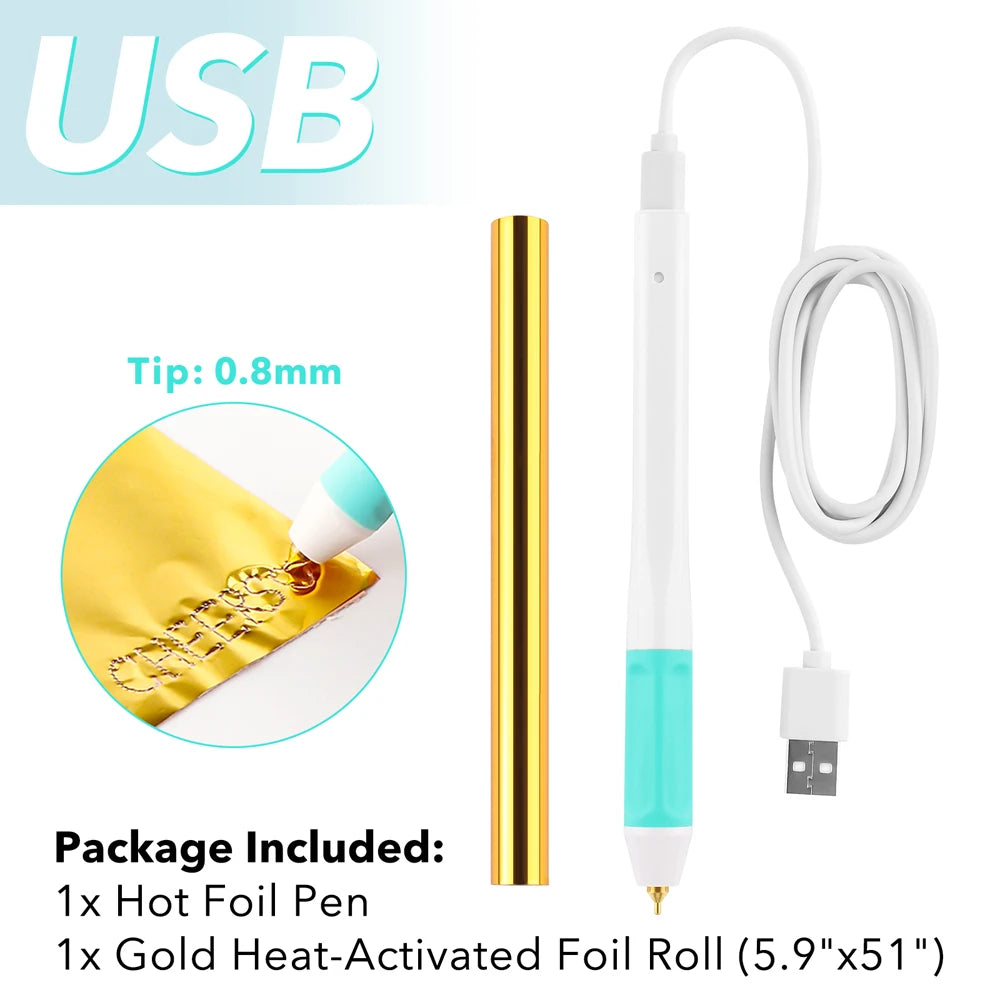 USB Hot Foil Pen Set – 0.8mm Heat-Active Gold Foil Pen for Paper, Leather, DIY Scrapbooking & Cards